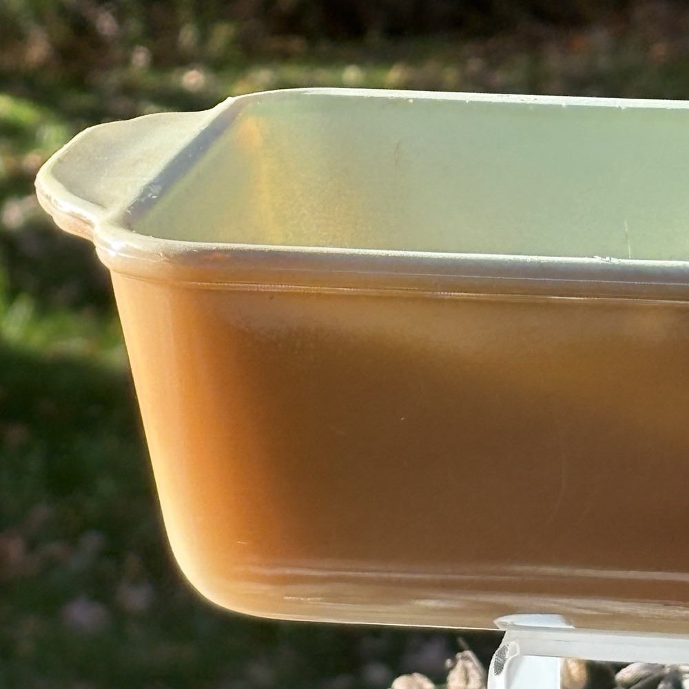VTG Fire-King 409 Peach Lustre Avocado‎ Green TwoTone Baking Loaf Dish 10.5" USA